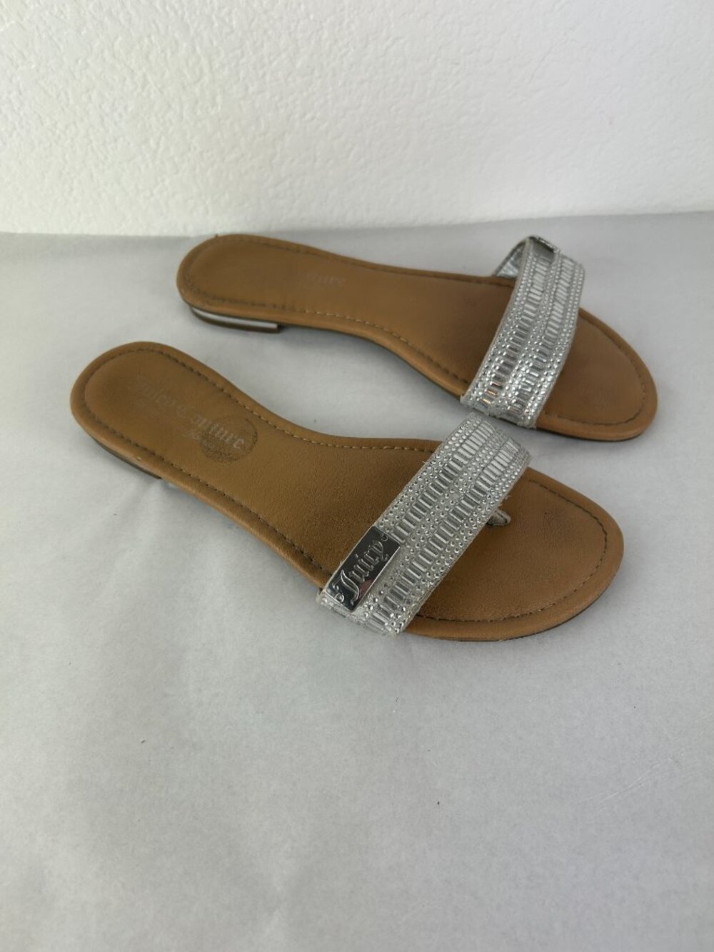 Juicy Couture Silver Rhinestone Slide Sandals for Women Casual Summer Slip On